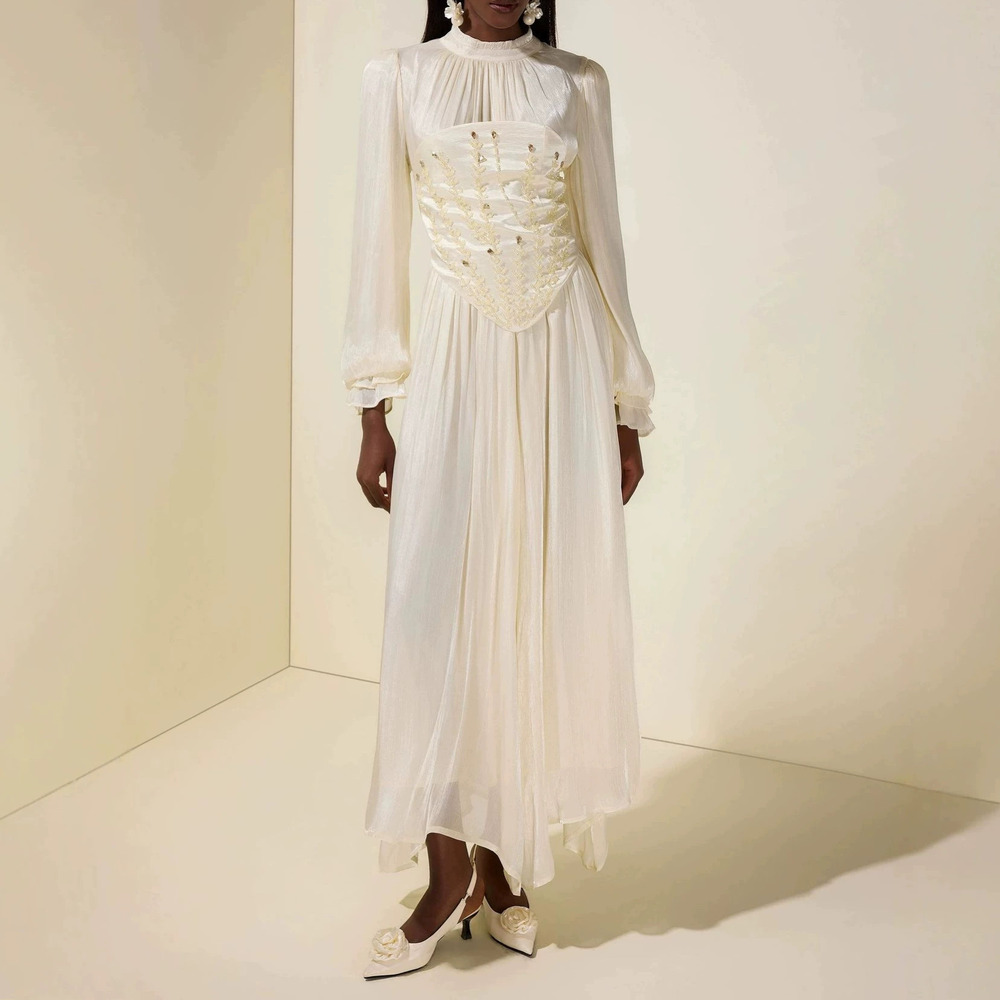 Forever 21 White French Style Long-Sleeve Rhinestone Waist Belt Maxi Dress